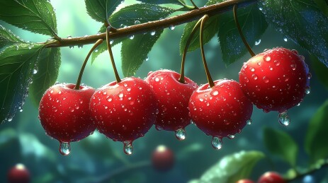绿叶间带水珠的红樱桃