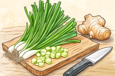 木质砧板上的葱花与姜块