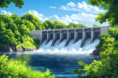 阳光下的水电站大坝与涡轮机