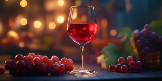 红酒倾入酒杯与葡萄背景