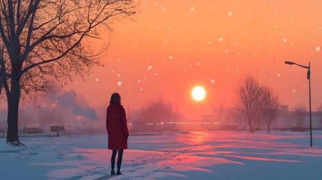 夕阳余晖中的温暖雪景