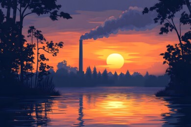 夕阳余晖中的工厂烟囱剪影