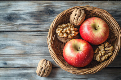 木桌上篮子里的苹果的高角度视图