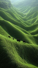 翠绿山丘牧牛图