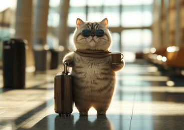 一只拟人化的小猫拿着行李箱旅行