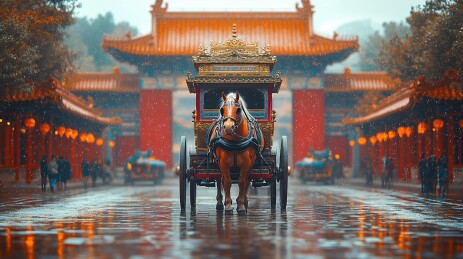马车行驶于古建筑前的古风画面