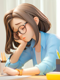 疲惫的戴眼镜女子3D立体插画