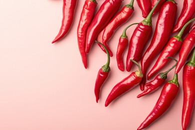 红色背景下红辣椒的高角度视角