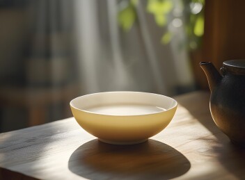 木桌上白碗冒着热气，背景是茶壶