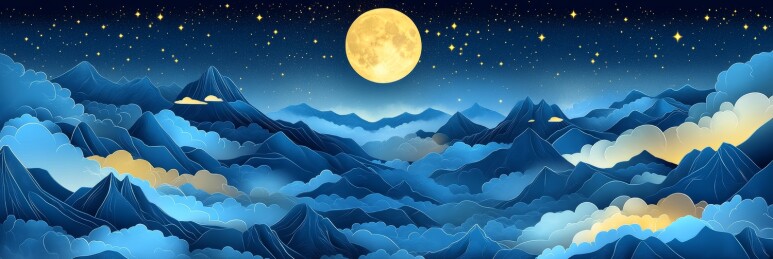 月夜下的山川云海景象