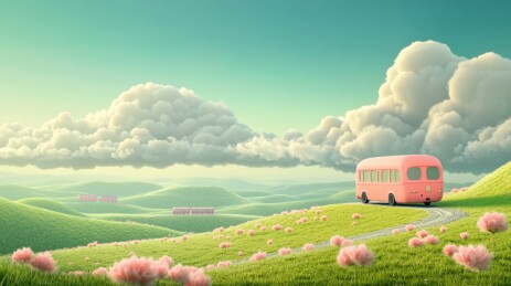 粉色巴士行驶在草地