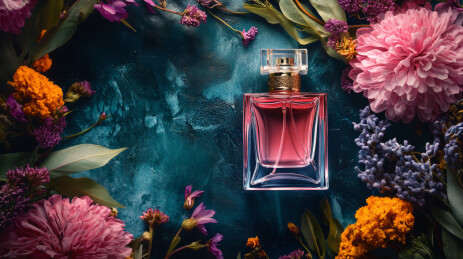 粉色香水产品和鲜花背景