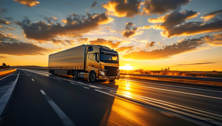 夕阳高速公路上奔跑的商用重型卡车