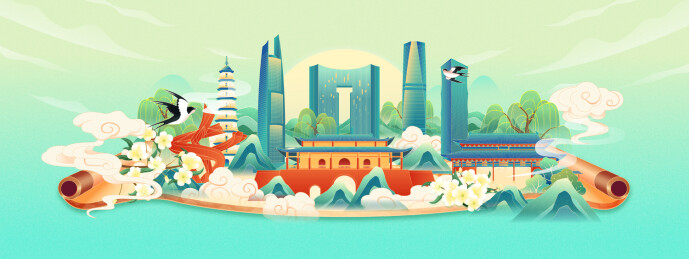 国风清明节气东莞城市建筑矢量插画海报