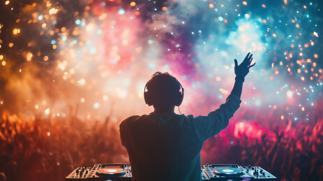 DJ 于炫彩灯光下表演的场景