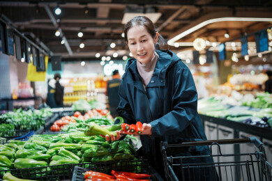 在杂货店挑选新鲜蔬菜的快乐购物者