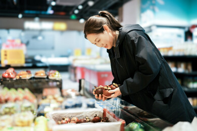 现代杂货店挑选新鲜水果的女人