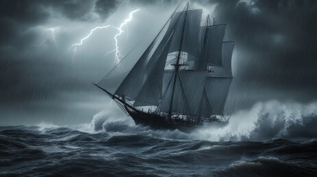 插画风格暴风雨下的海盗船