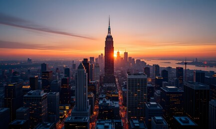 城市天际线黄昏降临