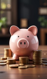 存钱罐与硬币组前景清晰