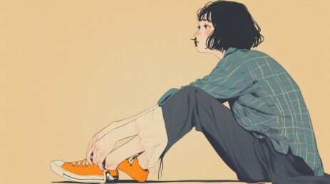 女生侧坐系鞋带画像