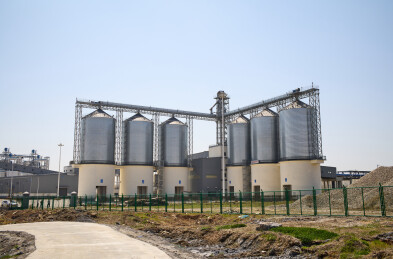 田野里储存散装谷物粮食的筒仓