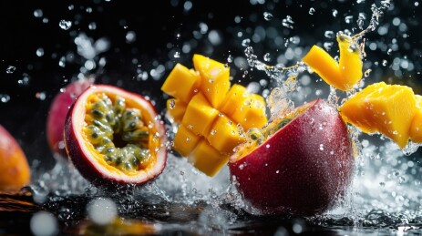 热情果芒果水中飞溅