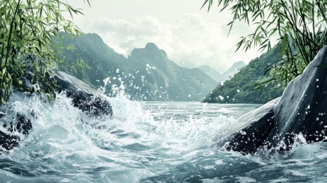 山间激流飞瀑景色