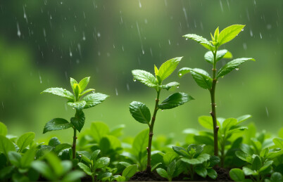 细雨滋润下的嫩绿植株