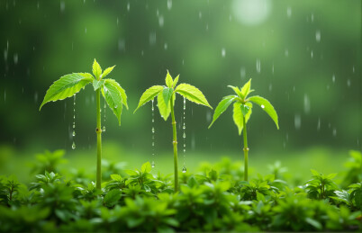 细雨中生长的嫩绿幼苗