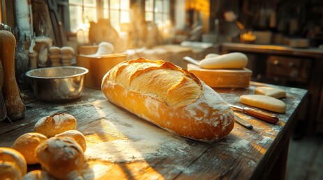 新鲜出炉的面包在面包房