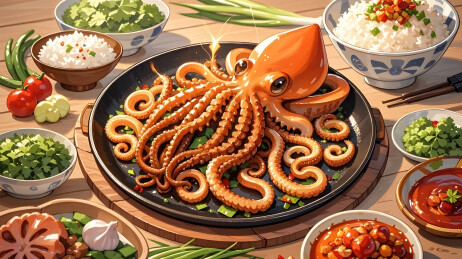 特色小吃铁板八爪鱼章鱼墨鱼插画餐饮美食