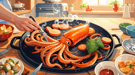 特色小吃铁板八爪鱼章鱼墨鱼插画餐饮美食