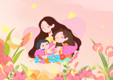 母亲节妈妈和孩子在鲜花中拥抱的插画