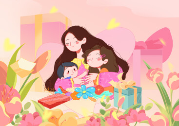 母亲节妈妈和孩子在鲜花中拥抱的插画
