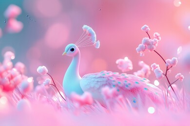 晴朗春天梦幻的花园中孔雀3D立体卡通插画