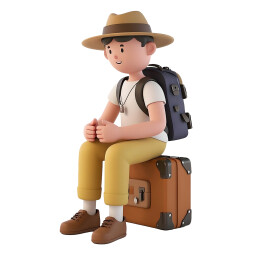 3D旅行者角色坐行李箱图