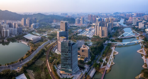 航拍日落惠州惠城江北CBD