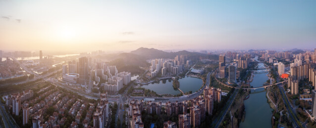 航拍日落惠州惠城江北CBD
