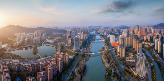 航拍日落惠州惠城江北CBD