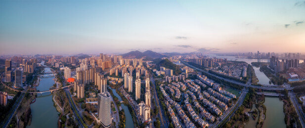 航拍日落惠州惠城江北CBD