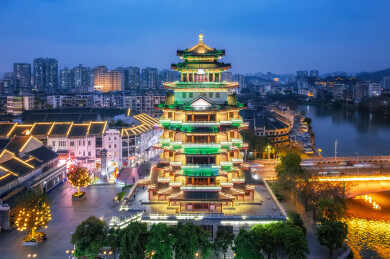 航拍惠州老城合江楼城市夜景