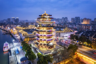 航拍惠州老城合江楼城市夜景