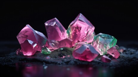 黑色地面的西瓜碧玺原矿晶体3D立体插画