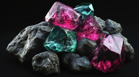 黑色地面的西瓜碧玺原矿晶体3D立体插画