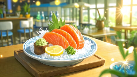 手绘写实插画风三文鱼刺身美食日料鱼生