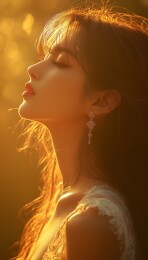 逆光下闭眼尽显温柔的长发女性