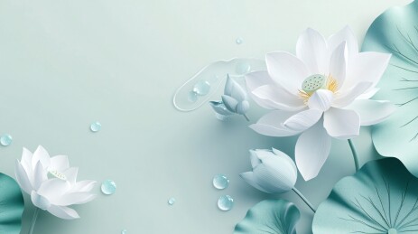 白莲水珠绿叶中式插画