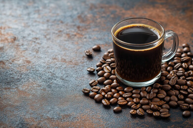 桌子上的咖啡豆和咖啡杯特写镜头