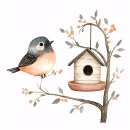 水彩鸟鸟喂食器插画